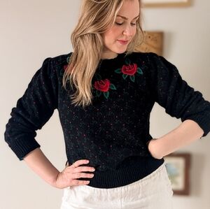 80s Black Floral Embroidered Vintage Wool Crew Neck Sweater
